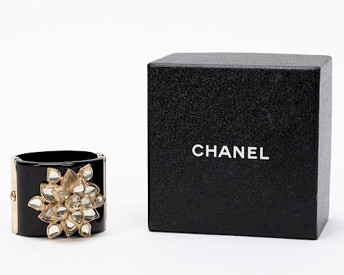 Chanel Floral Motif Black Hinged Bracelet