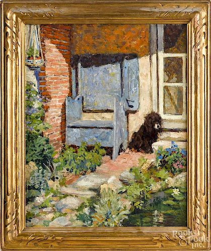 American oil on canvas of a dog on a doorstep, early/mid 20th c., 20'' x 16''.
