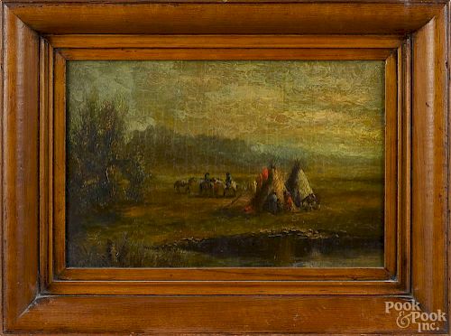 American oil on canvas Indian encampment, ca. 1900, 8'' x 12''.