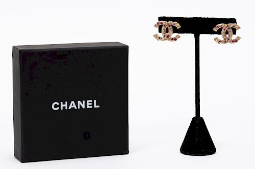 Pair, Chanel CC Logo Rhinestone Stud Earrings