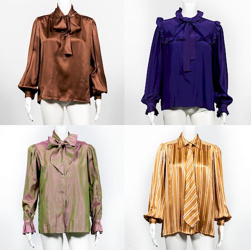 4 Vintage Yves St. Laurent Silk Pussy Bow Blouses