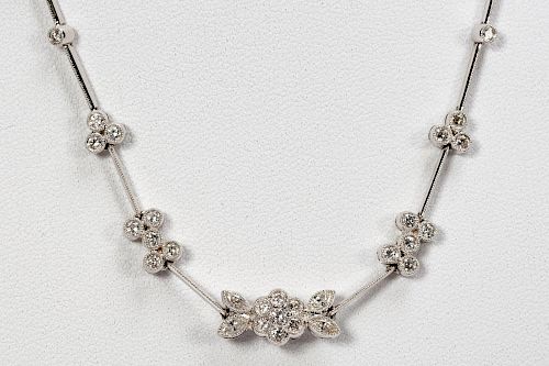 18k Modern White Gold & Diamond Floral Necklace