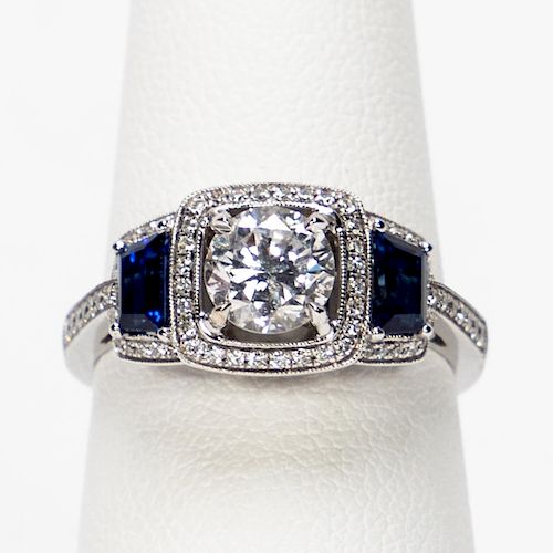 18k Gold, Diamond & Sapphire Engagement Ring, GIA