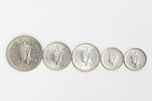 5 India British Rupee 1945, 1/4, 1/2, and One
