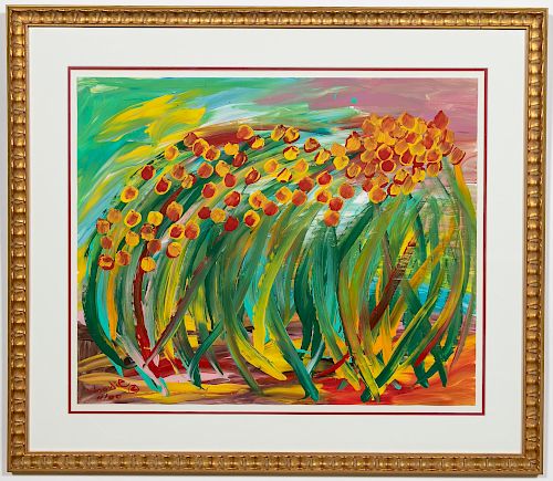 Woodie Long, "Tulips In The Wind" Oil Painting