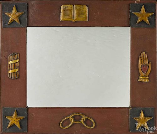 Carved and painted folk art mirror with Masonic s