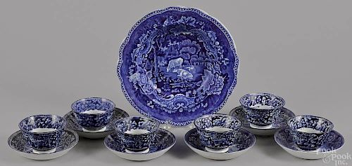 Six blue Staffordshire English scenery cups and s