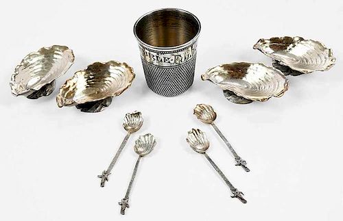 Four Sterling Salts, Spoons and Thimble Shot
