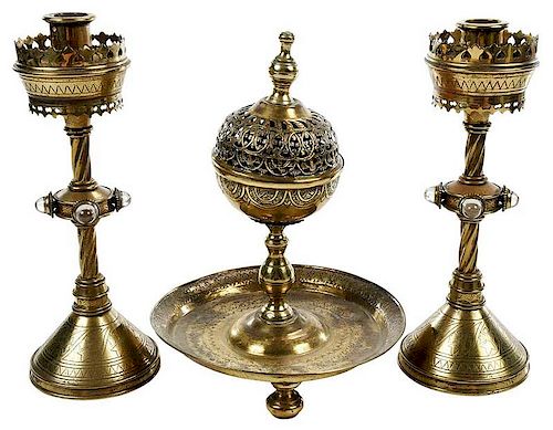 Brass Censer and Pair Gothic Style Candlesticks