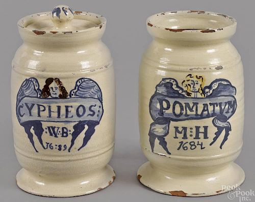 Two Schooner redware apothecary jars, 8'' h. and 8