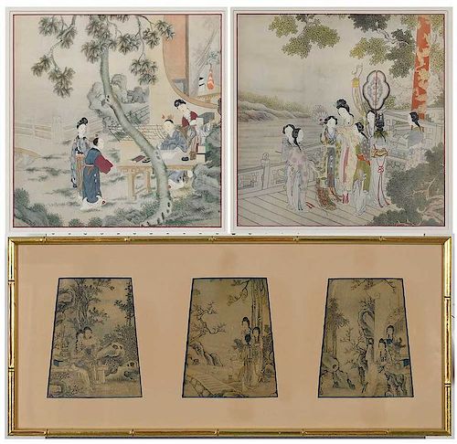 Two Chinese Paintings on Silk, One Print