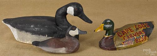 Three painted duck decoys 15 1/2'' l., 11'' l. and
