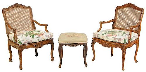 Two Provincial Louis XV Fauteuils, Footstool
