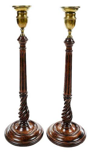 Pair Georgian Mahogany and Brass Candlesticks