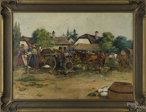 Oil on canvas street scene, early 20th c., signed