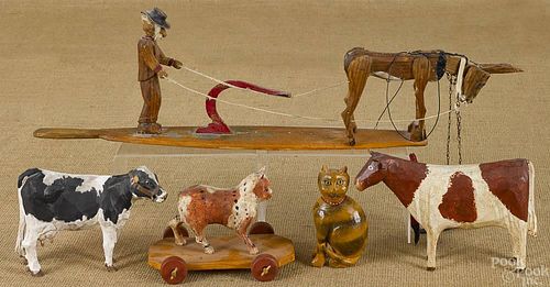 Four contemporary carved and painted animals, tog