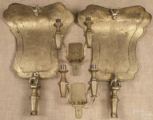 Pair of Chinese brass two-part sconces with drago