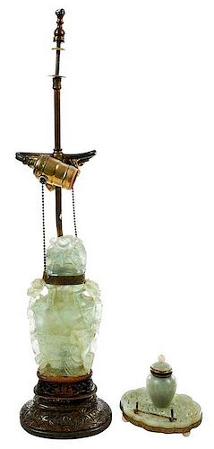 Carved Fluorite Lamp with Hardstone Ink Stand
