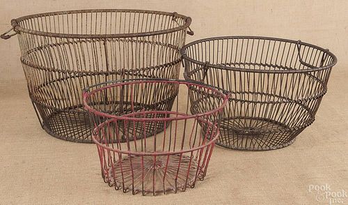 Three French wire baskets, largest - 14'' h., 23''