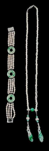 14kt., Jade and Pearl Necklace and Bracelet