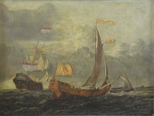 18th/19th C. Oil on Canvas. Ships at Sea.