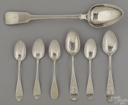 Six silver spoons, 19th c., by Daniel Low, Salem,