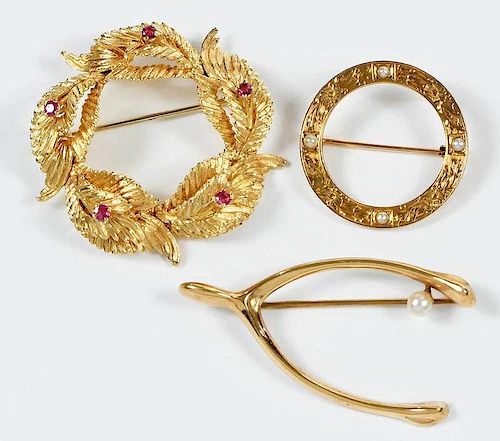 Three Vintage Gold Brooches