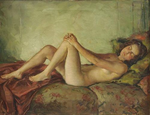 HEMPFING, Wilhelm. Oil on Canvas. Reclining Nude.