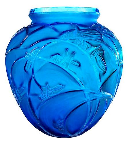 R. Lalique Sauterelles Style Blue Glass Vase