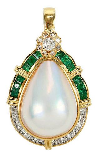 18kt. Diamond, Emerald and Pearl Pendant