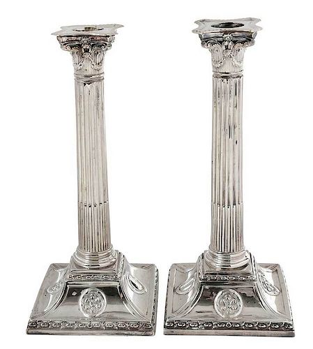 Pair of English Silver Column Candlesticks