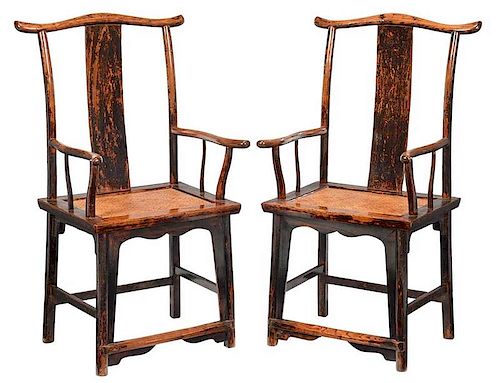 Pair of Antique Chinese Lacquered Elm Armchairs
