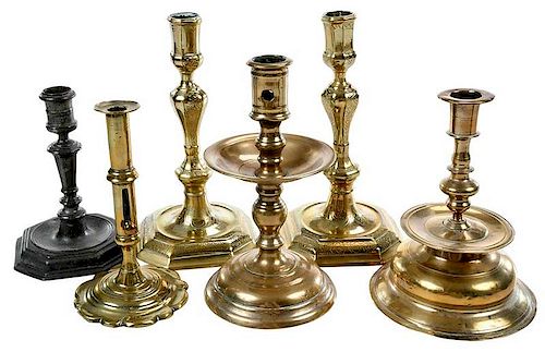 Six Early Brass and Pewter Candlesticks