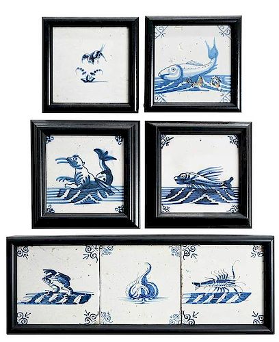 Seven Framed Animal Delftware Tiles