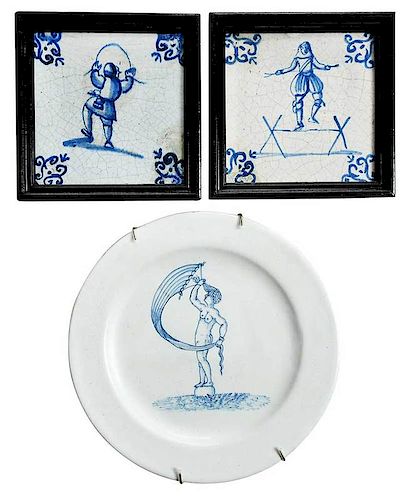 Set of Two Delftware Tiles and Plate