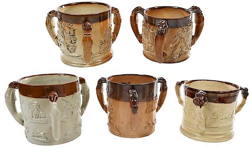Five Large Three Handled Stoneware Mugs