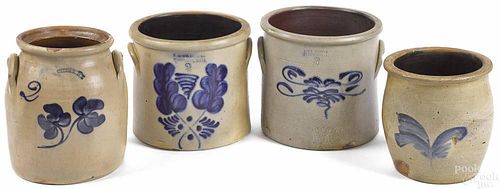 Four cobalt decorated stoneware crocks, 19th c.,