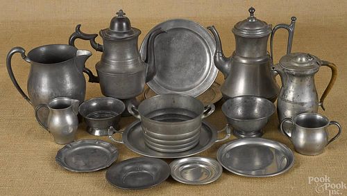 Pewter tablewares, to include a Philadelphia teap