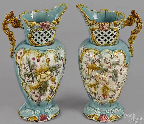 Pair of turquoise ground porcelain pitchers, ca.