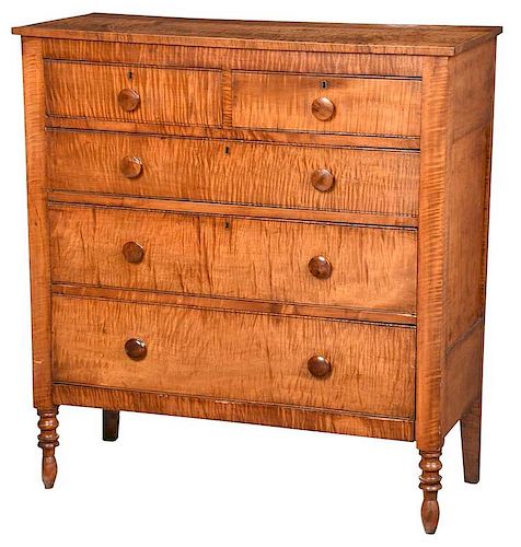 American Sheraton Tiger Maple Five Drawer Chest
