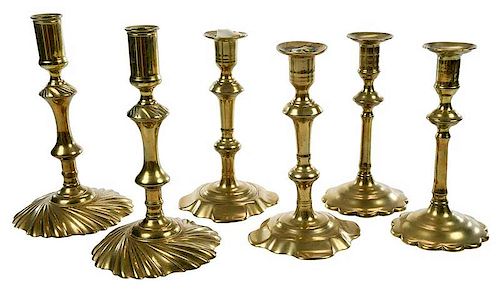 Three Pairs Early Brass Candlesticks