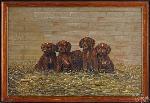 Oil on board of five puppies, early 20th c., 12''
