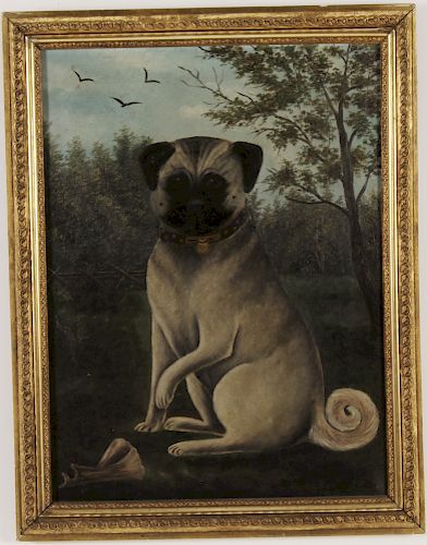 Folk Art Painting of a Pug In Landscape O/C
