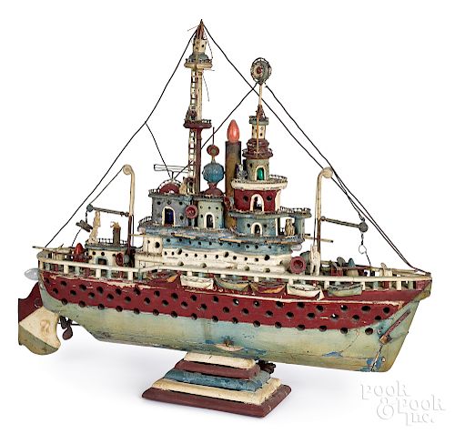 Large folk art ship model painted and electrified