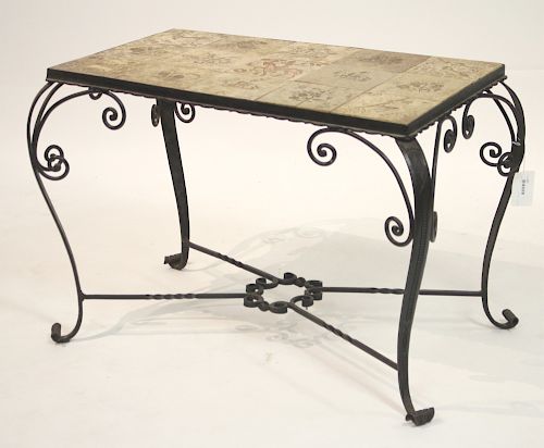 French 30s Art Deco Wrought Iron & Ceramic Table