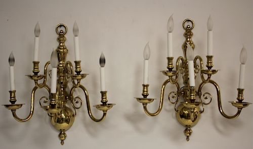 Pair of Solid Brass Colonial 5-Arm Sconces