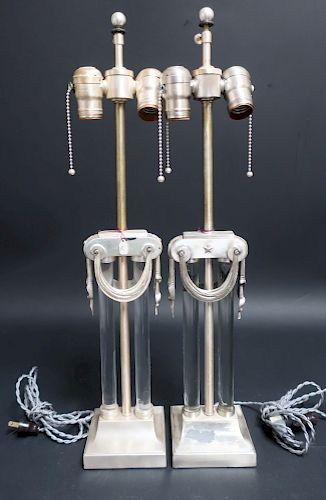 Pair Mid Century Silvered Metal & Glass Lamps