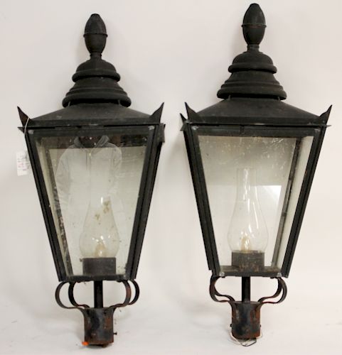 Large Vintage Copper & Glass Carriage Lanterns