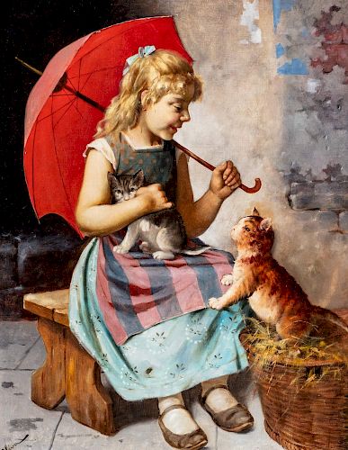 F. Oliva (Scuola italiana fine del XIX inizi XX secolo)- Young girl with cats