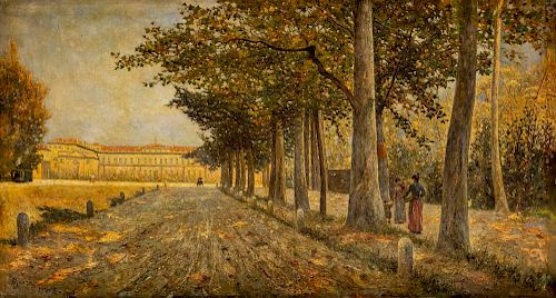 Filippo Mola (Civitavecchia 1849-Brescia 1918)  - Lotto di due dipinti con veduta di Villa Reale a Monza e Pescarenico